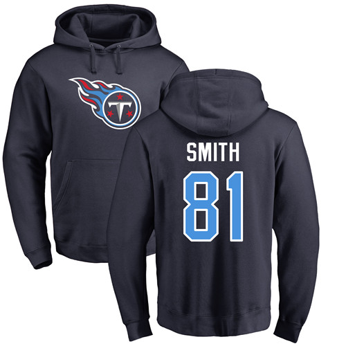 Tennessee Titans Men Navy Blue Jonnu Smith Name and Number Logo NFL Football #81 Pullover Hoodie Sweatshirts->nfl t-shirts->Sports Accessory